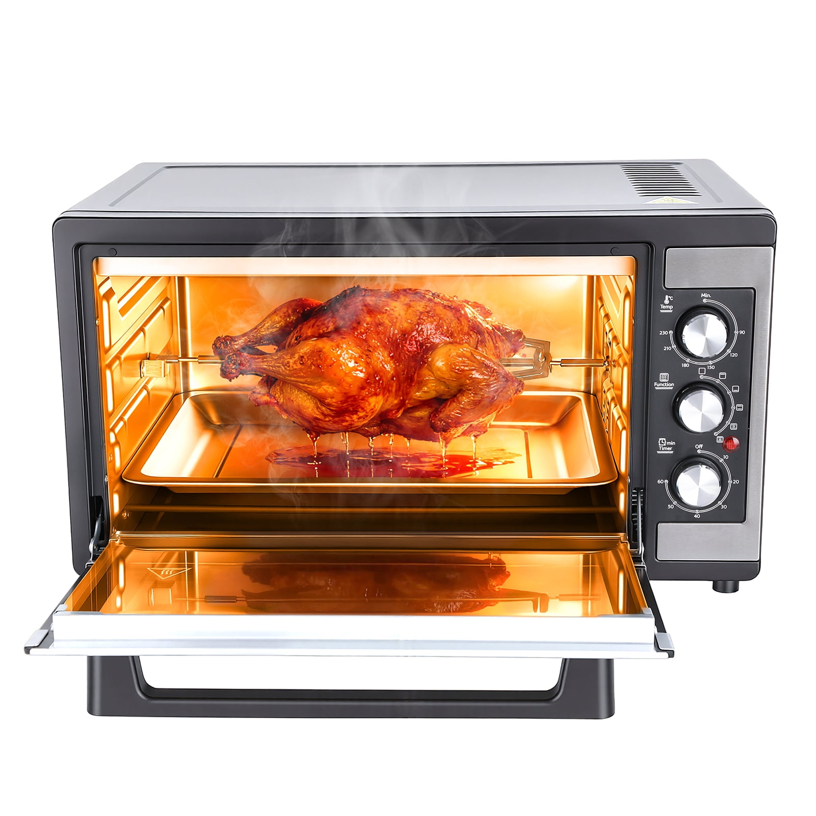 Large 46L Convection Toaster Oven, 9-in-1 Kitchen Countertop Oven with Crispy Roast, Dehydrate, Rotisserie, Includes 6 Accessories, 1500W, Black, Stainless Steel
