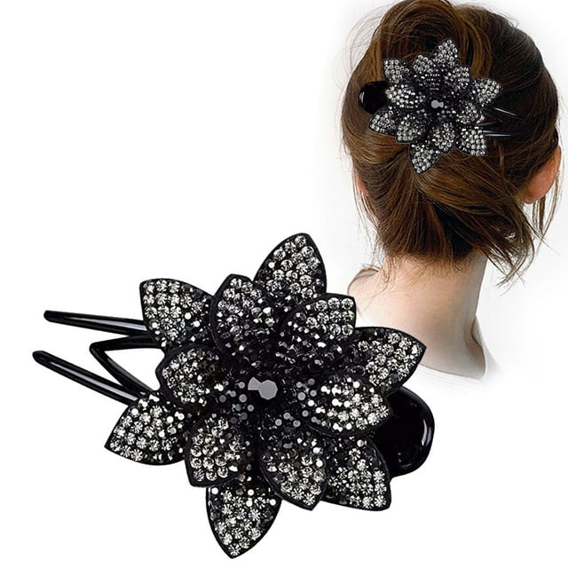 Pinzas para el cabello con flores de diamantes de imitación, elegantes pinzas para el cabello curvadas para mujeres y niñas