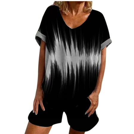 

Womens Casual Summer 2 Piece Outfits Short Sleeve V Neck Tops with Shorts with Pockets Pajamas Sets PJs Lounge Suits