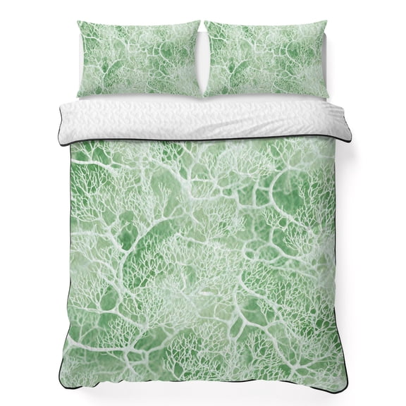 Quilts Queen Size Bedding Set, Coral Branches Lightweight Quilted Comforter, Sage Green Boho Modern Abstract Art Soft Reversible Bedspread Coverlet with Pillow Covers for All Season, 90" x 96"