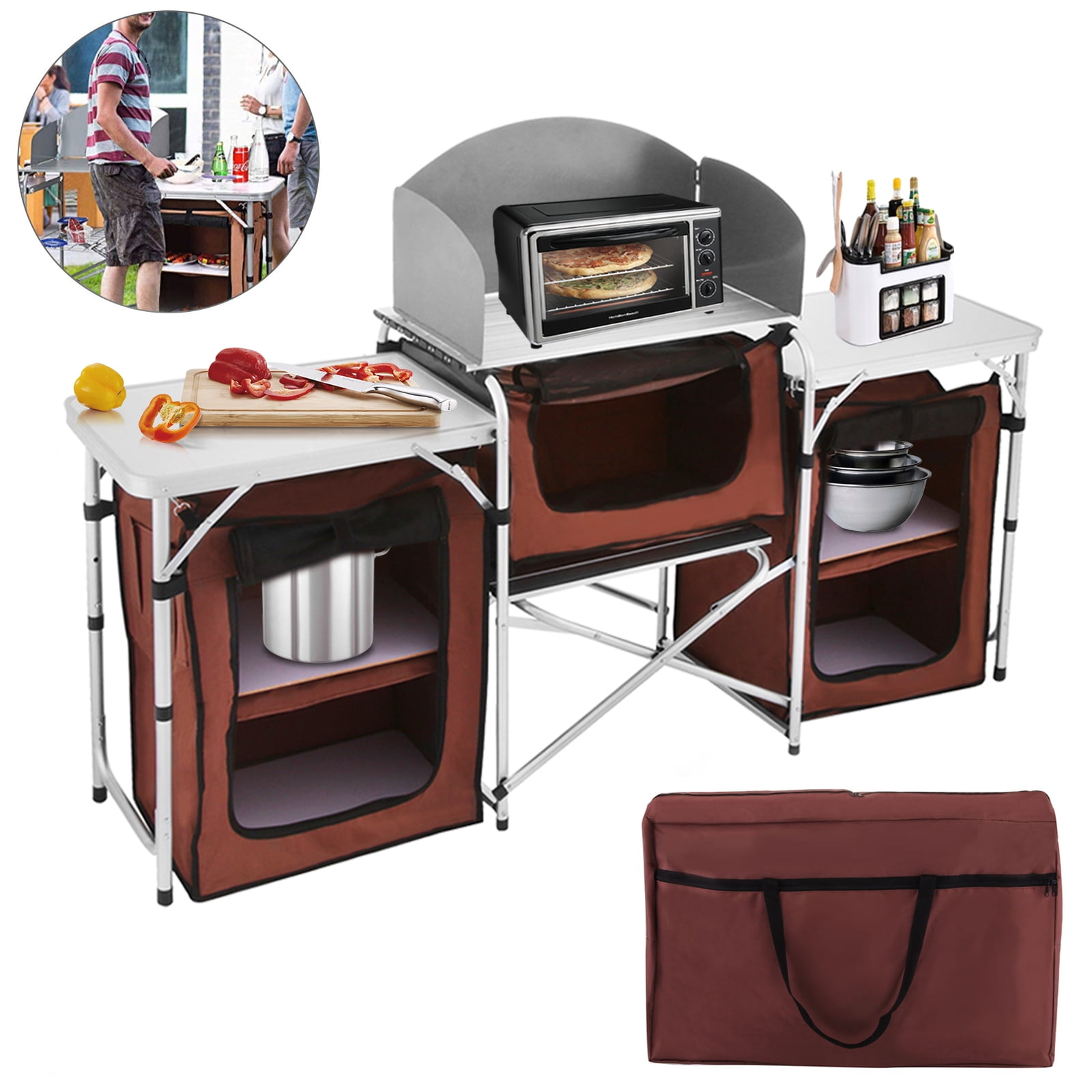 Camping Kitchen Stand Aluminium Storage Unit Bag portable Cooking Windshield new 