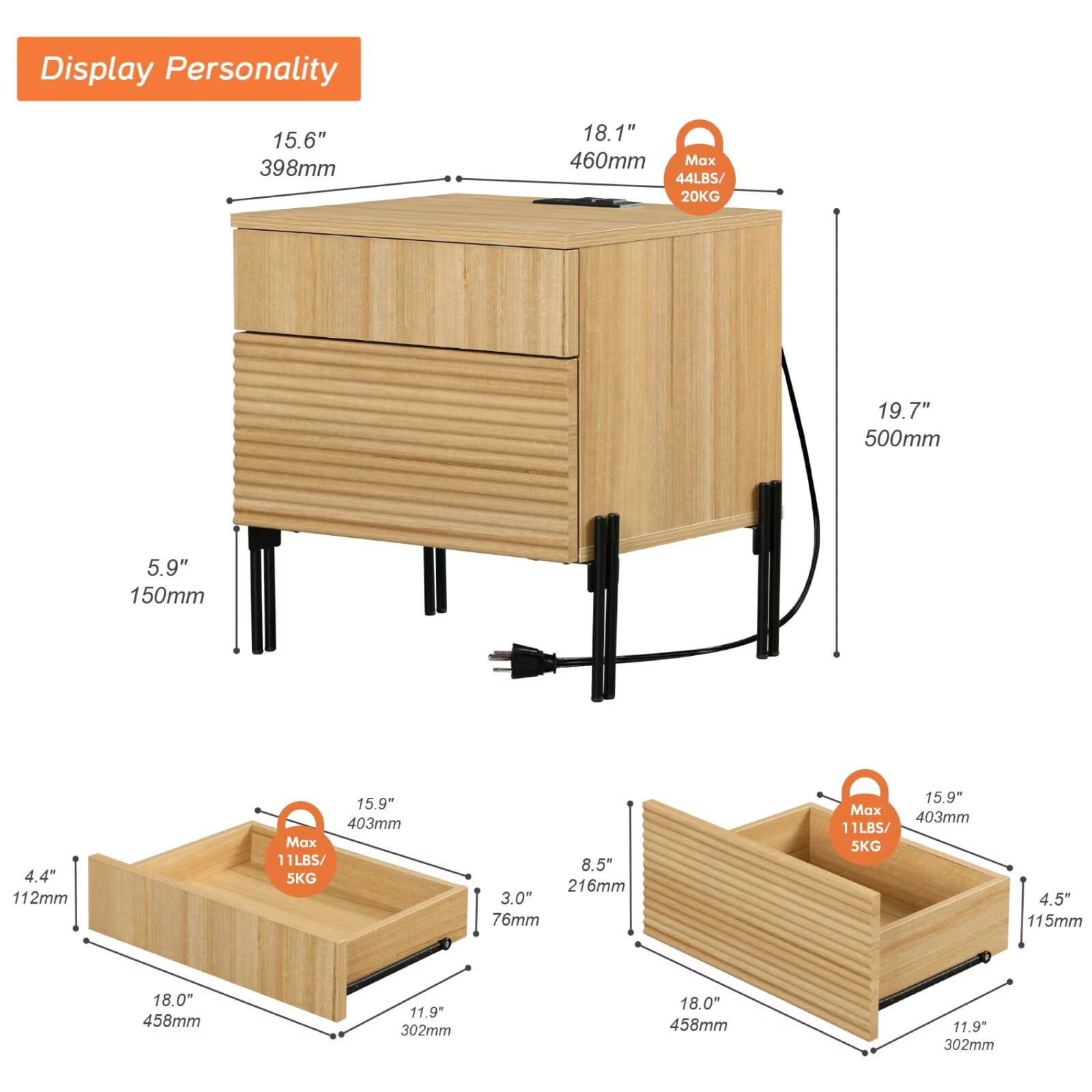 WAMPAT Contemporary Fluted Nightstand with USB Charging Port, Oak End Table with 2 Drawers for Home Decor in Bedrooms and Living Areas