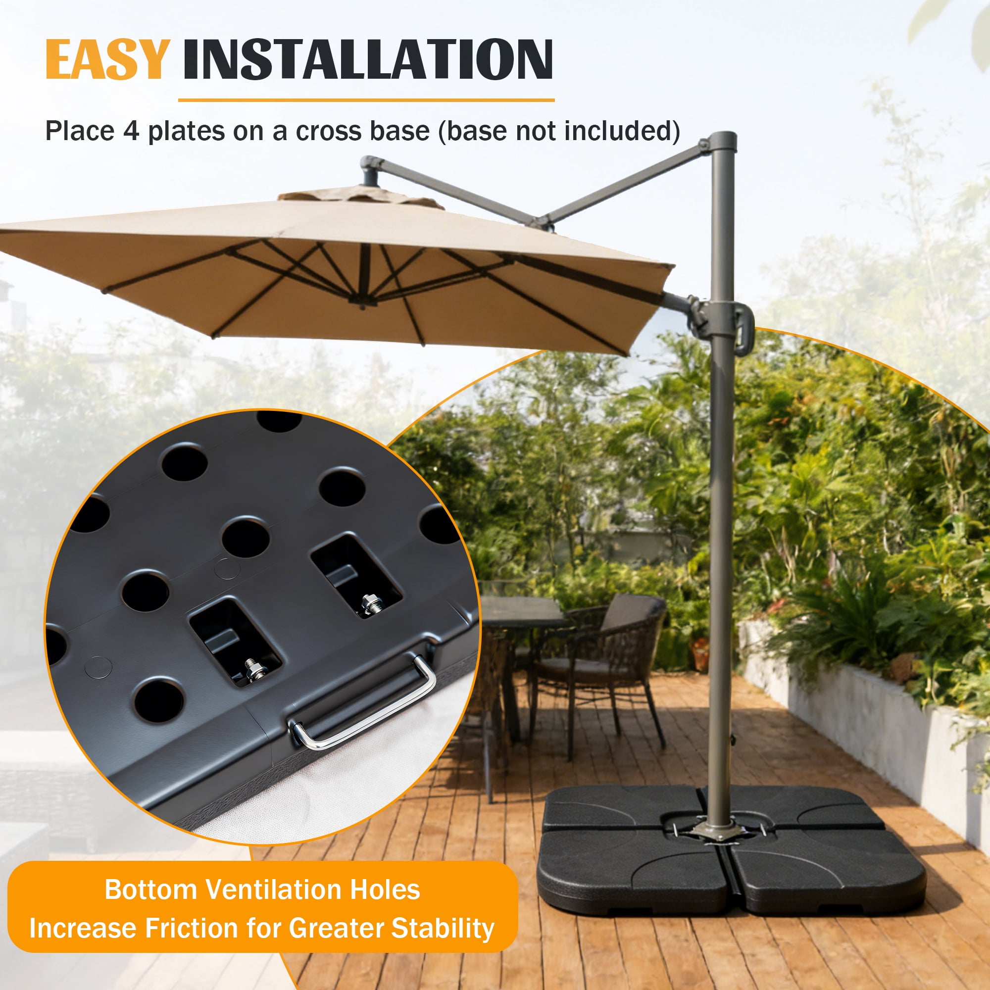 RocVanc Cantilever Offset Umbrella Base Heavy Duty Outdoor Umbrella Stand Base, Sand/Water Filled 4-Piece Plastic Patio Umbrella Base for Garden, Poolside, Black