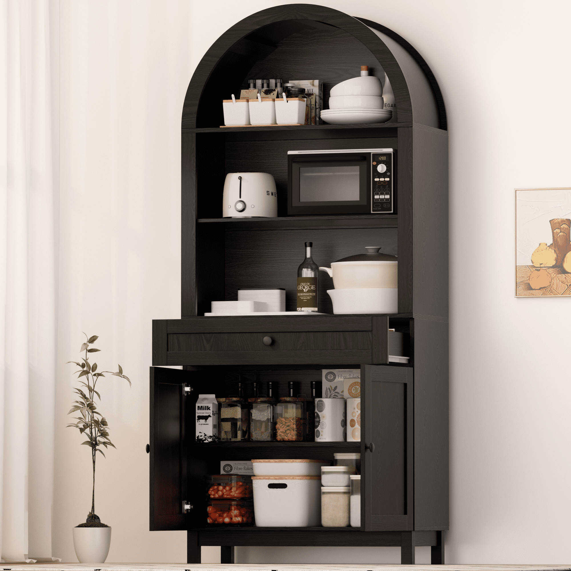 HARIPUL Arched Pantry Cabinet, 71" Kitchen Pantry Cabinet with Smooth Gliding Drawers and Adjustable Shelf, Wood Storage Cabinets Anti-Tipping, Modern Farmhouse for Living Room, Dining Room