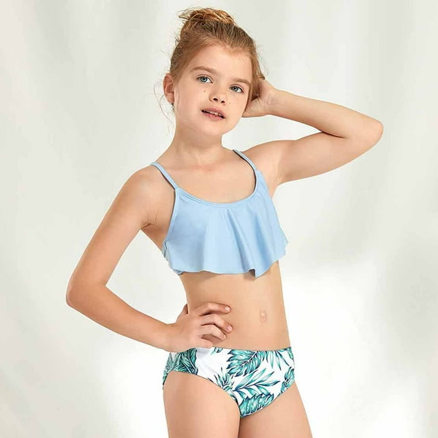 Archinjoy Girl's Swimsuit Two Piece Ruffled Bikini Print Shorts forSwimming Pool Hot Spring Bathing Suit Girls Size Black 8 Years