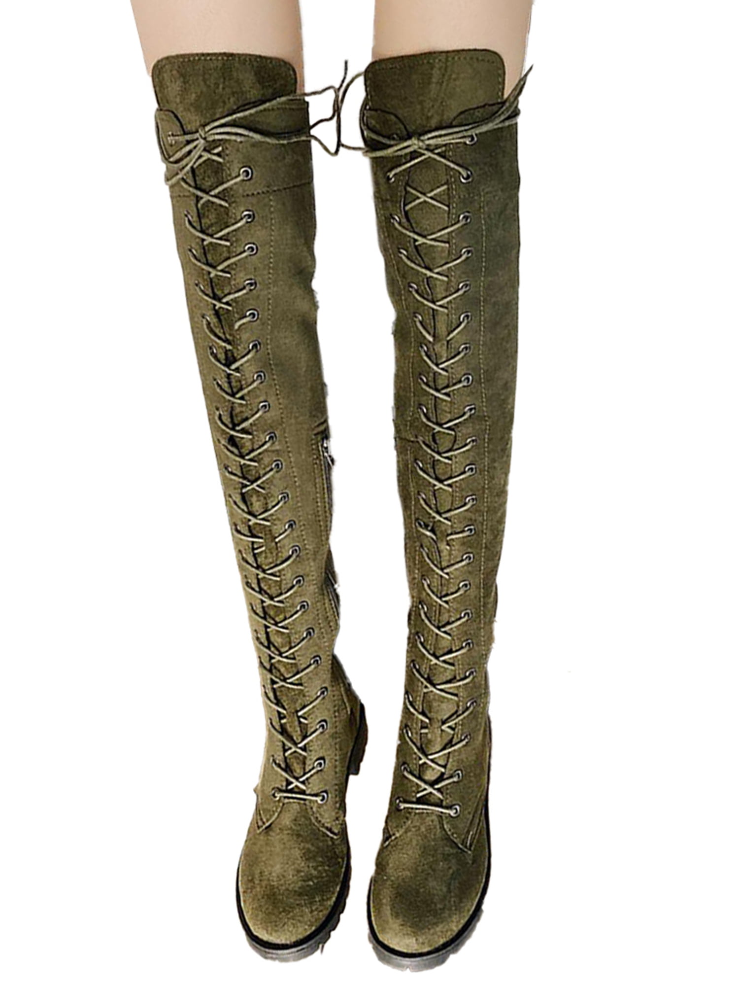 Womens Ladie Thigh High Boots Over The Knee Suede PU Classic Flat Zip Boots