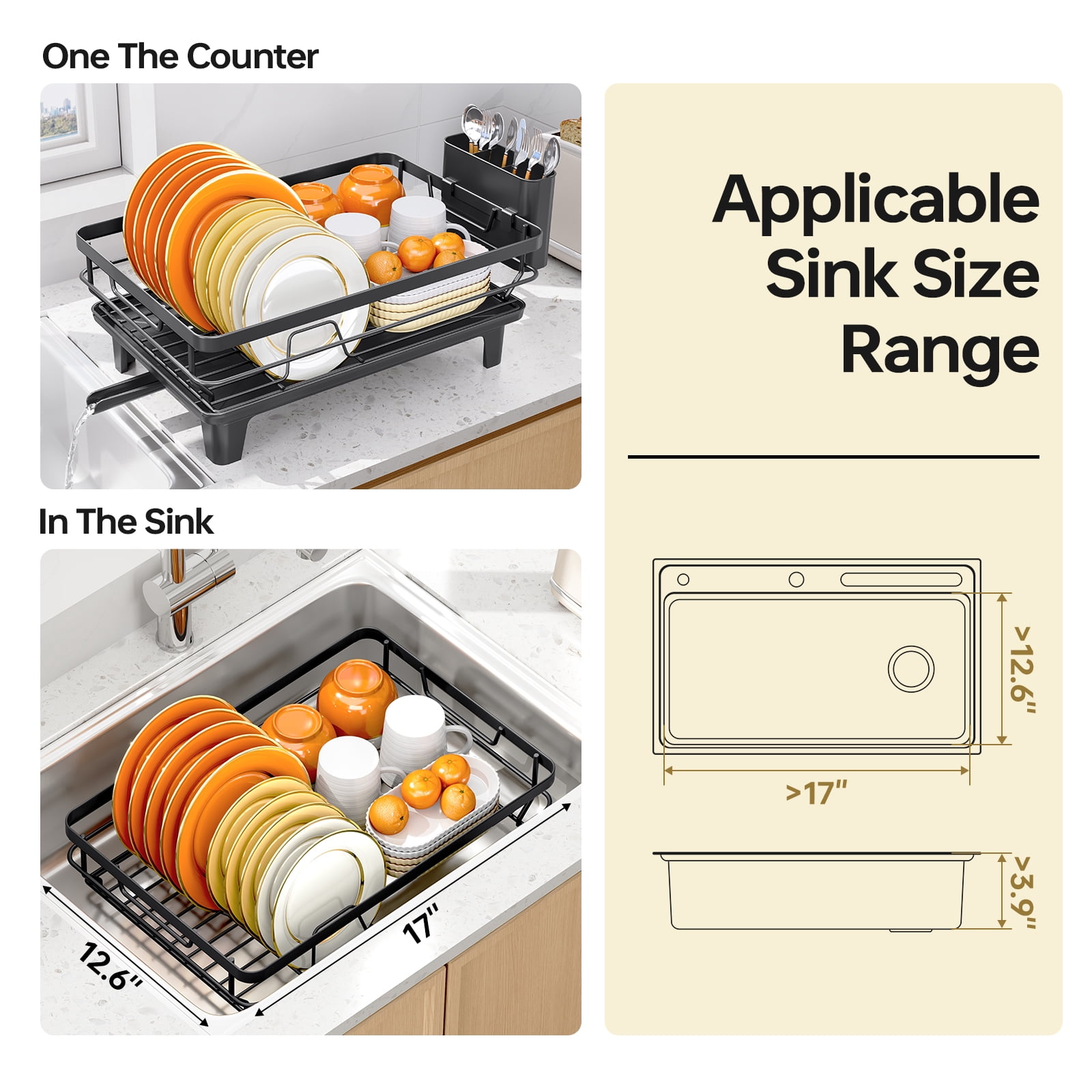 KINGRACK Dish Drying Rack, Large Dish Rack with Drainboard and Cup & Utensil Holders, Stainless Steel, Over Sink or Counter, Black