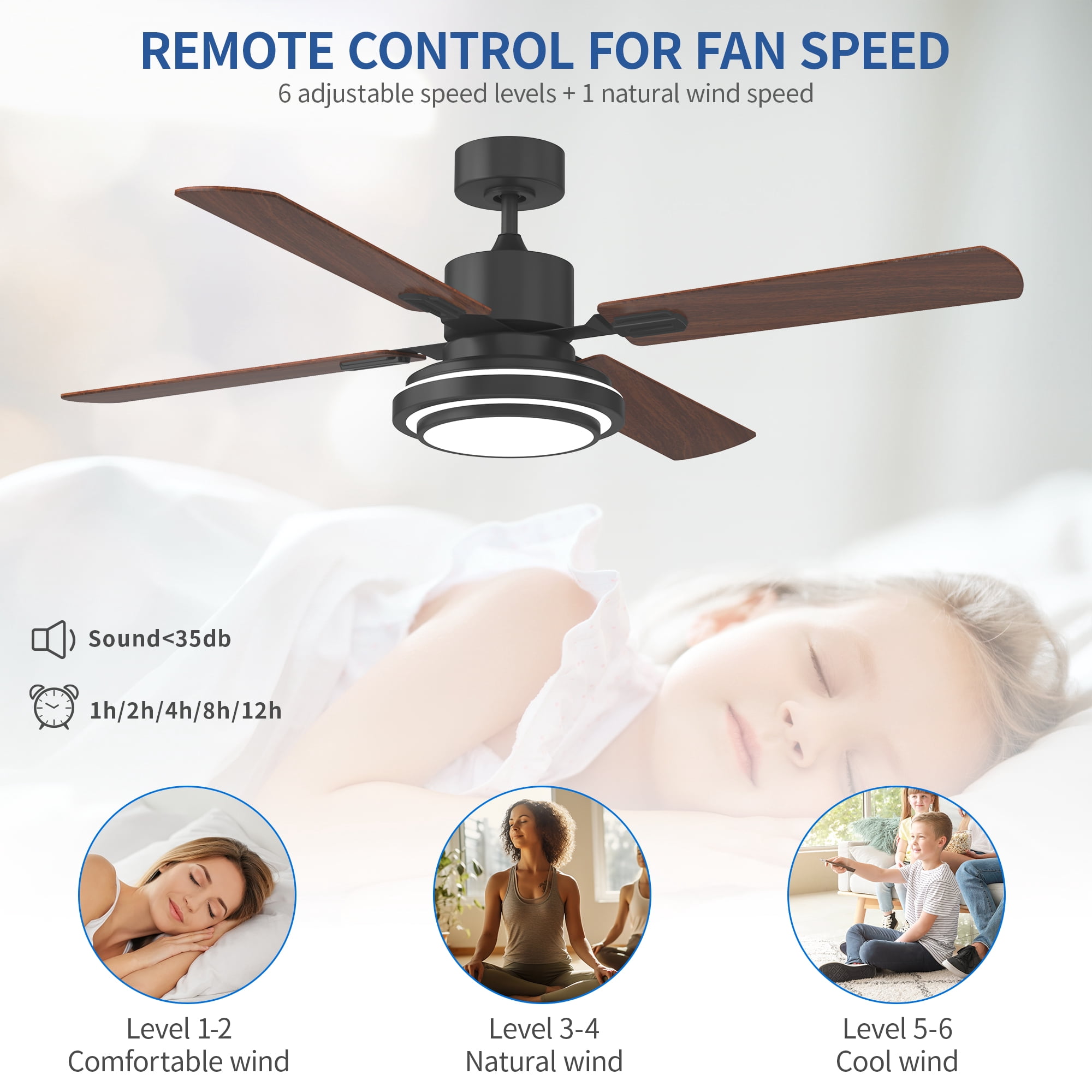 Uforic 52'' Ceiling Fan with Light and Remote Control, 6 Speeds, 5 Timer Settings, and Dual-Finish Blades (Black)