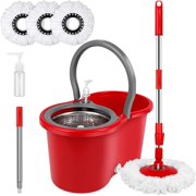 Spin Mop and Bucket with Wringer Set ?? - 360° Spinning Mop Bucket System with 3 Microfiber Mop Replacement Heads, Adjustable Handle for Superior Floor Cleaning, Durable and Easy to Use (Red)