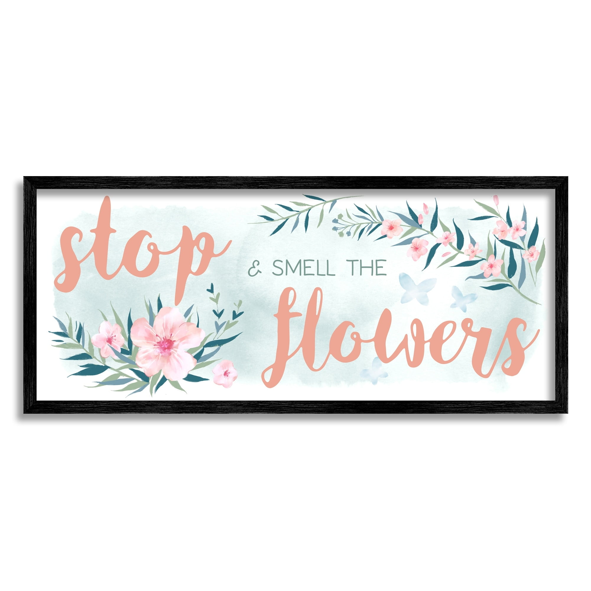 Stupell Industries Stop and Smell the Flowers Sentiment Pink Blossoms Inspirational Painting White Framed Art Print Wall Art, 10 x 24