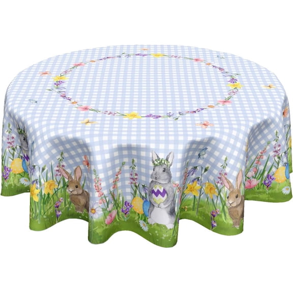 Easter Bunny Round Tablecloth 60 Inch Buffalo Plaid Rabbits Meadow Bordered Easter Spring Farmhouse Washable Polyester Table Cloth for Kitchen Dining Room Party Indoor Outdoor Decor