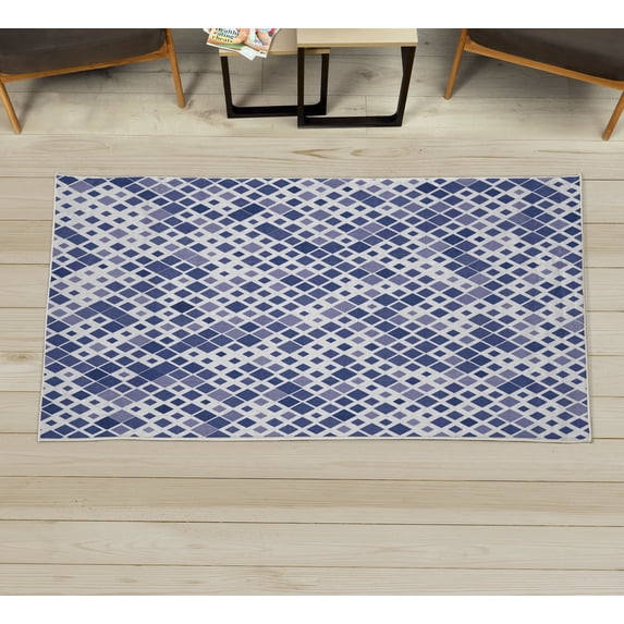 Ethnic Decorative Rug, Retro Mosaic Creative Pattern Square Rhythm Abstract Art Print Design, Quality Carpet for Bedroom Dorm and Living Room, 6 Sizes, Ceil Blue, by Ambesonne