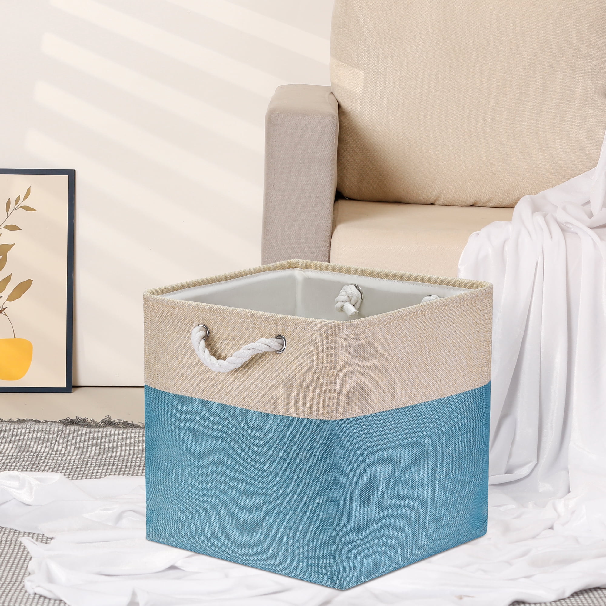 Unique Bargains Square Fabric Storage Basket Bin Beige/Blue 13inch