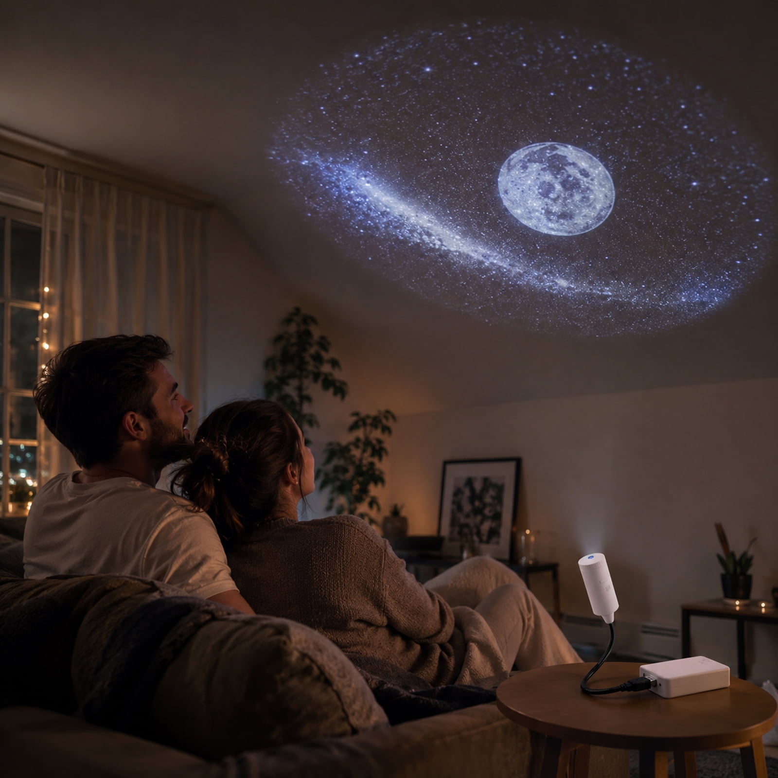 USB Star Projector Night Light Galaxy and Moon Projection Lamp with Replaceable Projection Film Card Slot Flexible Gooseneck for Bedroom Ceiling Car Decor,White