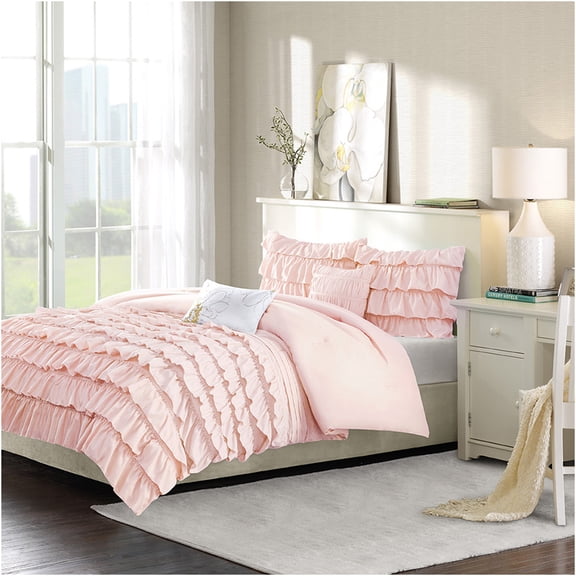 JERFIT Blush Twin XL Comforter Set with Ruffles, Decorative Pillows, Hypoallergenic & Antimicrobial Microfiber Bedding