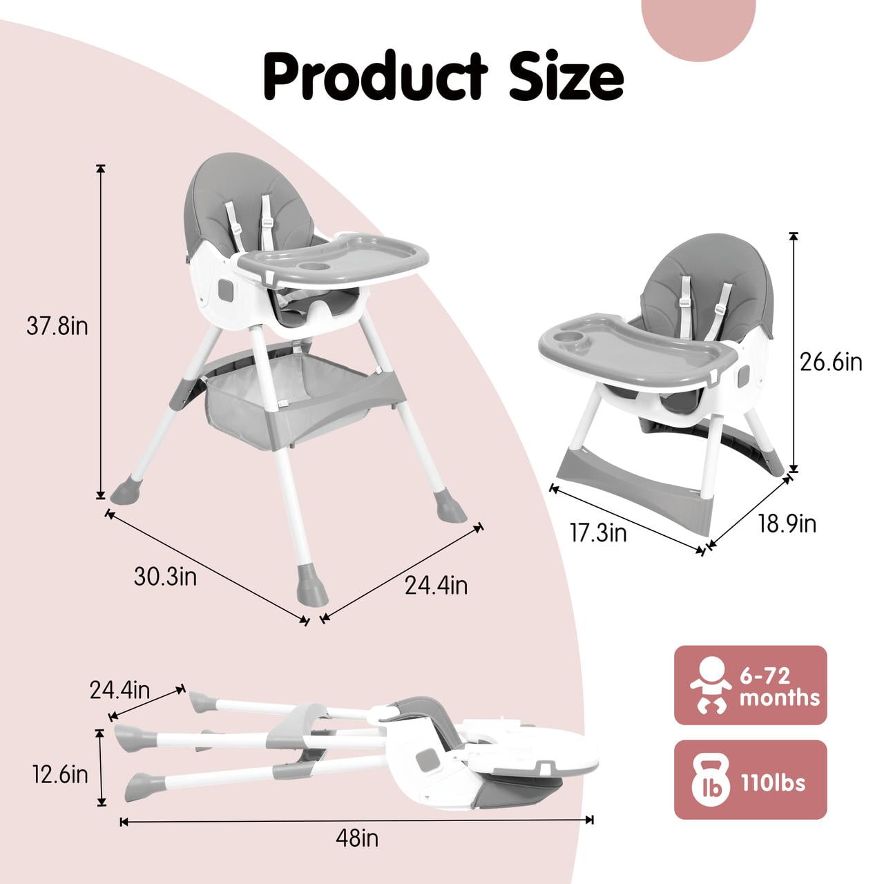 Aprpink 6 in 1 Baby Convertible High Chair Seat with 5 Point PU Safety Harness Gray Striped