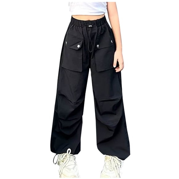 Mgmyaa Girls' Cargo Pants Summer Kids Wide-Leg Pants Elastic Waist Drawstring Loose Lightweight Parachute Pants with Pockets 5-16Years