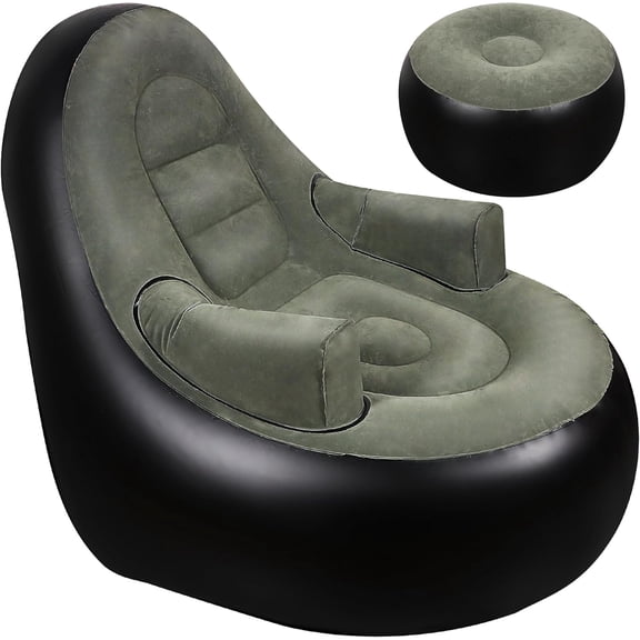 Thickened Inflatable Couch with Armrest＆Ottoman, Blow Up Lounger Chair,Folding Air Chair for Adults,Inflatable Lazy Sofa Perfect for Rooms, Camping or Home(Without Pump,Black)