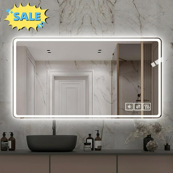 Tcbosik Wall Mounted LED Mirror, 48" x 32" Lighted Bathroom Mirror with Anti-Fog and Dimmable, Horizontal/Vertical Vanity Mirror for Entryway, Living Room, Clear
