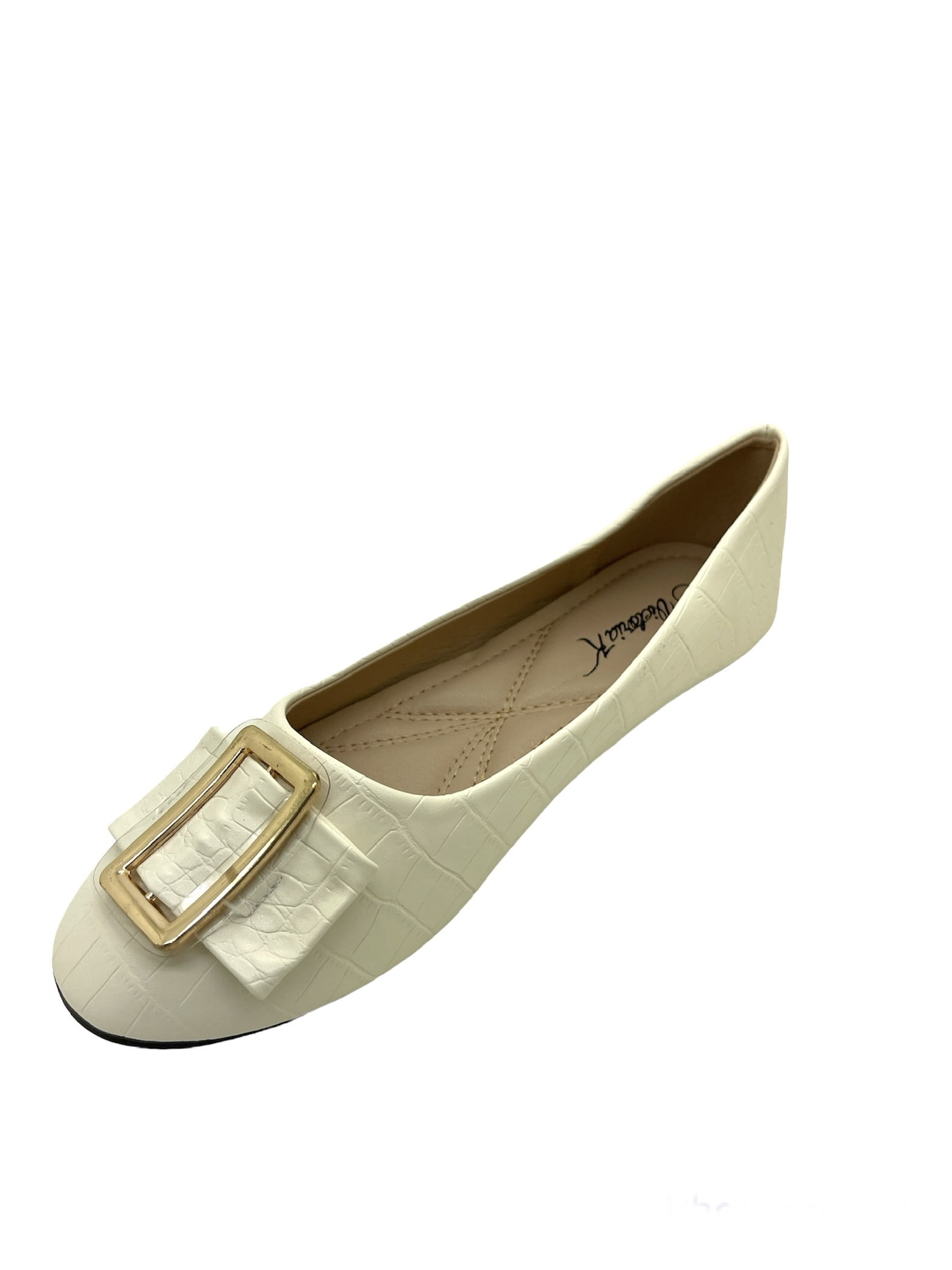 Victoria K Women's Textured Rhinestone Studded Gold Buckle Ballerina Flats