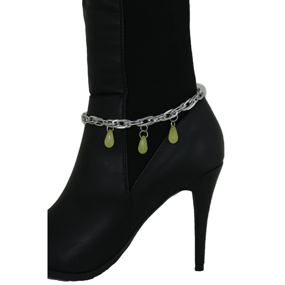 Women Silver Metal Chain Links Yellow Beads Shoe Charm Bracelet Artsy
