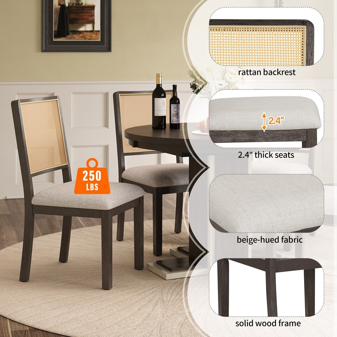 Euroco 5 Piece Round Dining Table Set for 4,Extendable Kitchen Table Set with 4 Upholstered Chairs and Double Layer Design,58" Oval Dining Table Set for Kitchen Room, Espresso