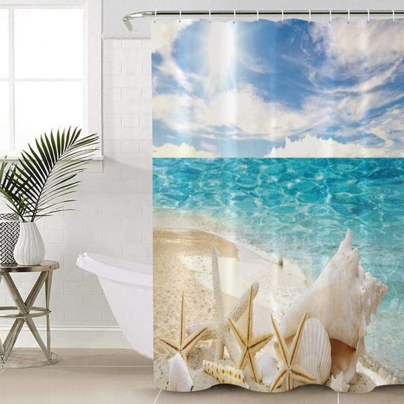 Shower Curtain Waterproof Polyester Fabric Shower Curtain Set with Hooks, Summer Sunny Beach Cute Starfish and Seashells Privacy Shower Curtains for Bathroom Showers, Stalls and Bathtubs, 36x72 Inches