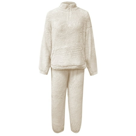 Luwomo Women s 2 Piece Fluffy Pajamas Set Cozy Sleepwear with Half Zip Pullover Pants for Winter Loungewear Beige S
