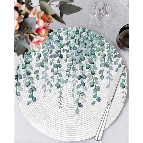 15 Inch Round Placemats Set of 4, Teal Green Eucalyptus Leaves Non Slip Heat Insulation PP Table Mats, Spring Plants Leaves Country Washable Place Mats for Kitchen Dining Party Table Decor
