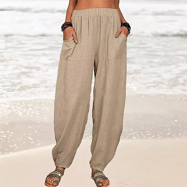 drppepioner Mode Femmes Été Décontracté Ample Coton et Lin Poche Pantalon Uni Pantalons
