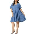 thumbnail image 2 of Agnes Orinda Women's Plus Size Tiered Babydoll Short Sleeves Chambray Midi Dresses 2X Blue, 2 of 7