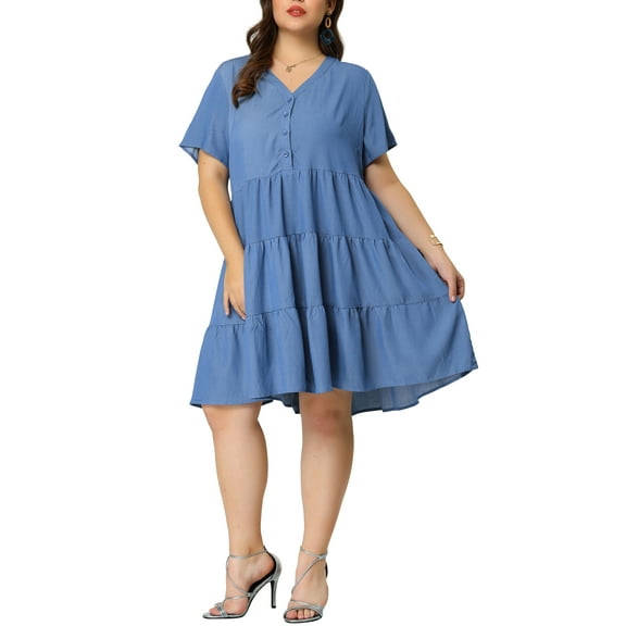DARING DIVA Plus Size Button Down V Neck Tiered Chambray Dress 4X Blue