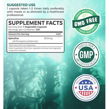 Healths Harmony California Spirulina Capsules (NON-GMO) 120 Vegetarian Capsules 500mg - Blue Green Algae Superfood from Spirulina Powder Gluten Free & Non-irradiated - No Tablets