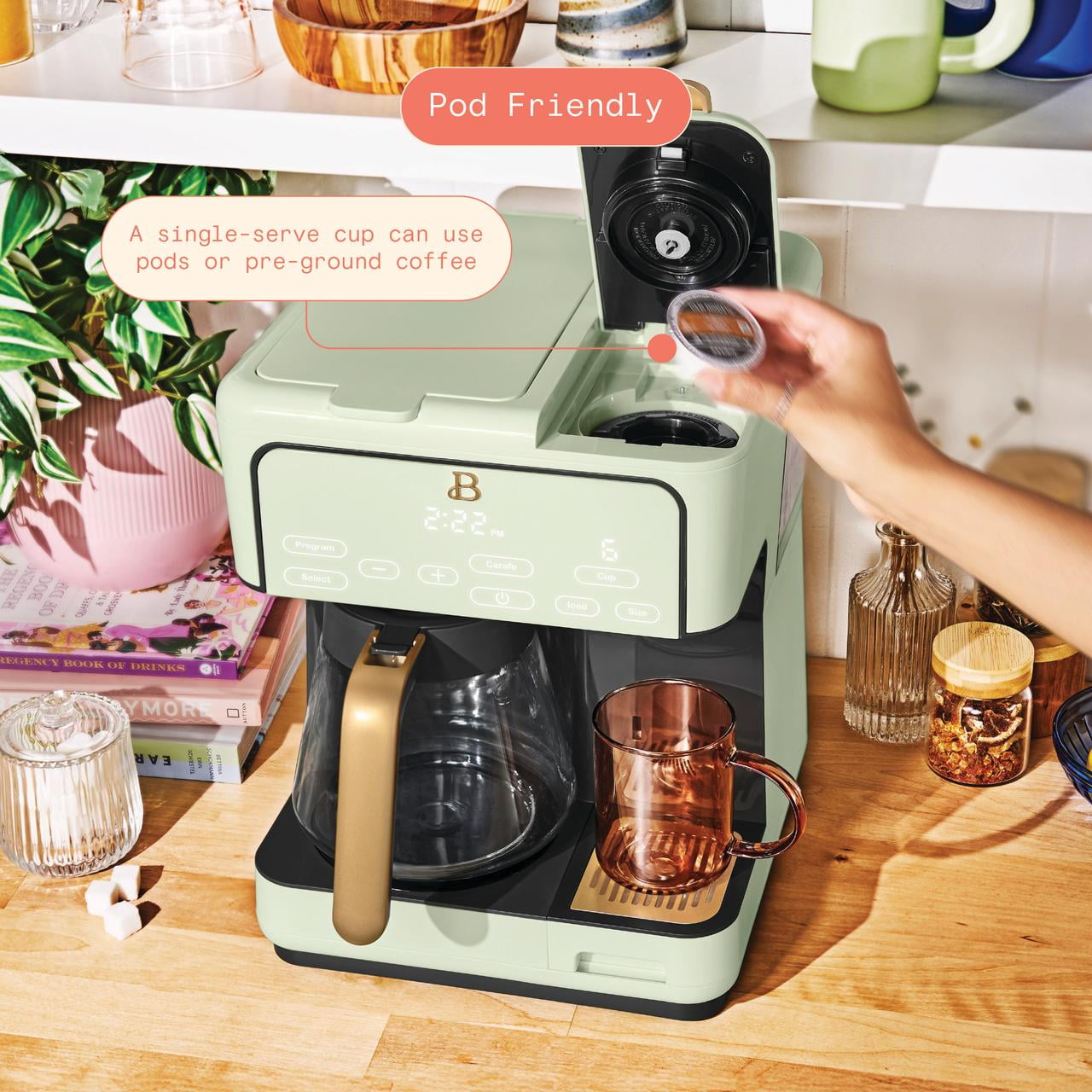 Beautiful Multi-Brew 12-Cup Programmable Drip & Single-Serve Coffee Maker, Sage Green by Drew Barrymore