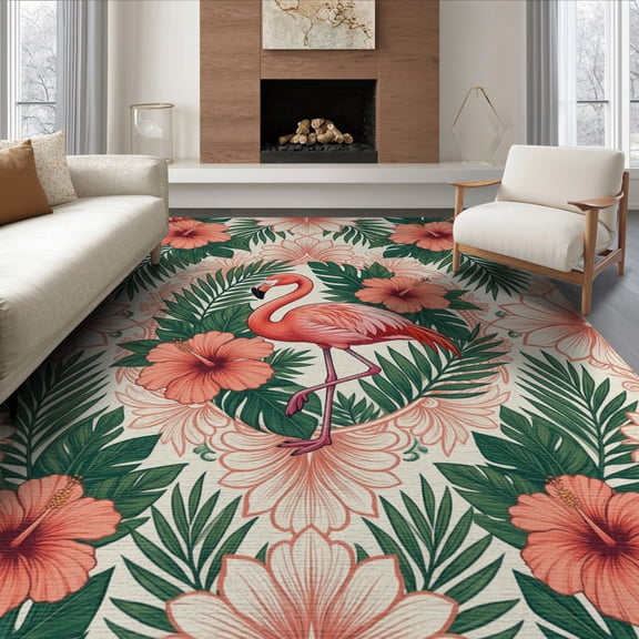 ODIKA 8'x10' Washable Area Rug Durable, Non-Slip Welcome Motif With Boho Floral And Botanical Accents Flamingo Tropical Refined for Living Room, Under Sectional, Family