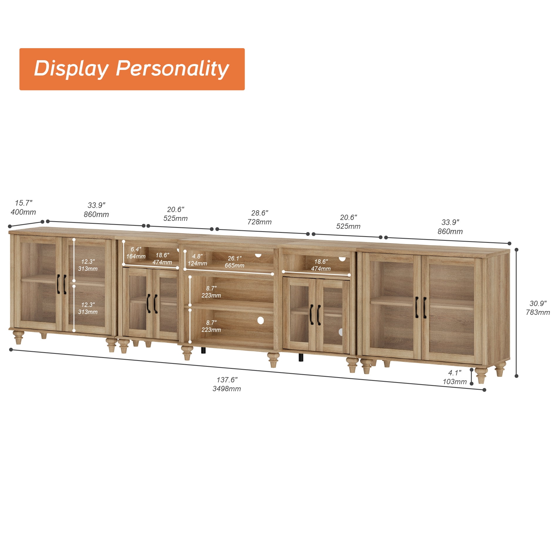 Farmhouse Large TV Stand for TVs Up to 115 inch with Glass Doors, Wood Universal TV Console with Storage Cabinets, Entertainment Center Table for Living Room, Bedroom, Oak