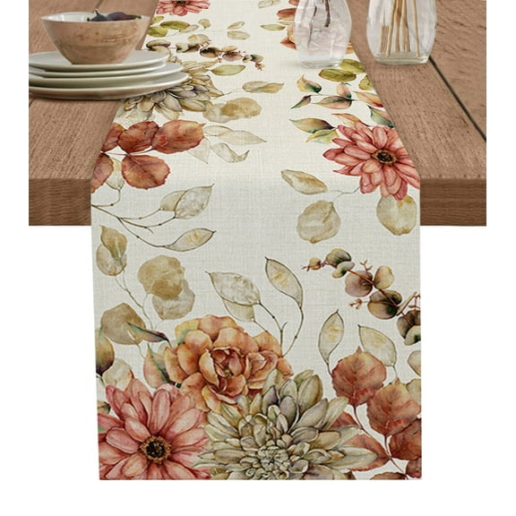 Table Runner Dresser Scarves 90 Inch Long, Rustic Dahlia and Eucalyptus Leaf Vines Linen Dining Table Runners Farm Flowers Art on Linen Tabletop Scarf for Wedding Holiday Party Kitchen