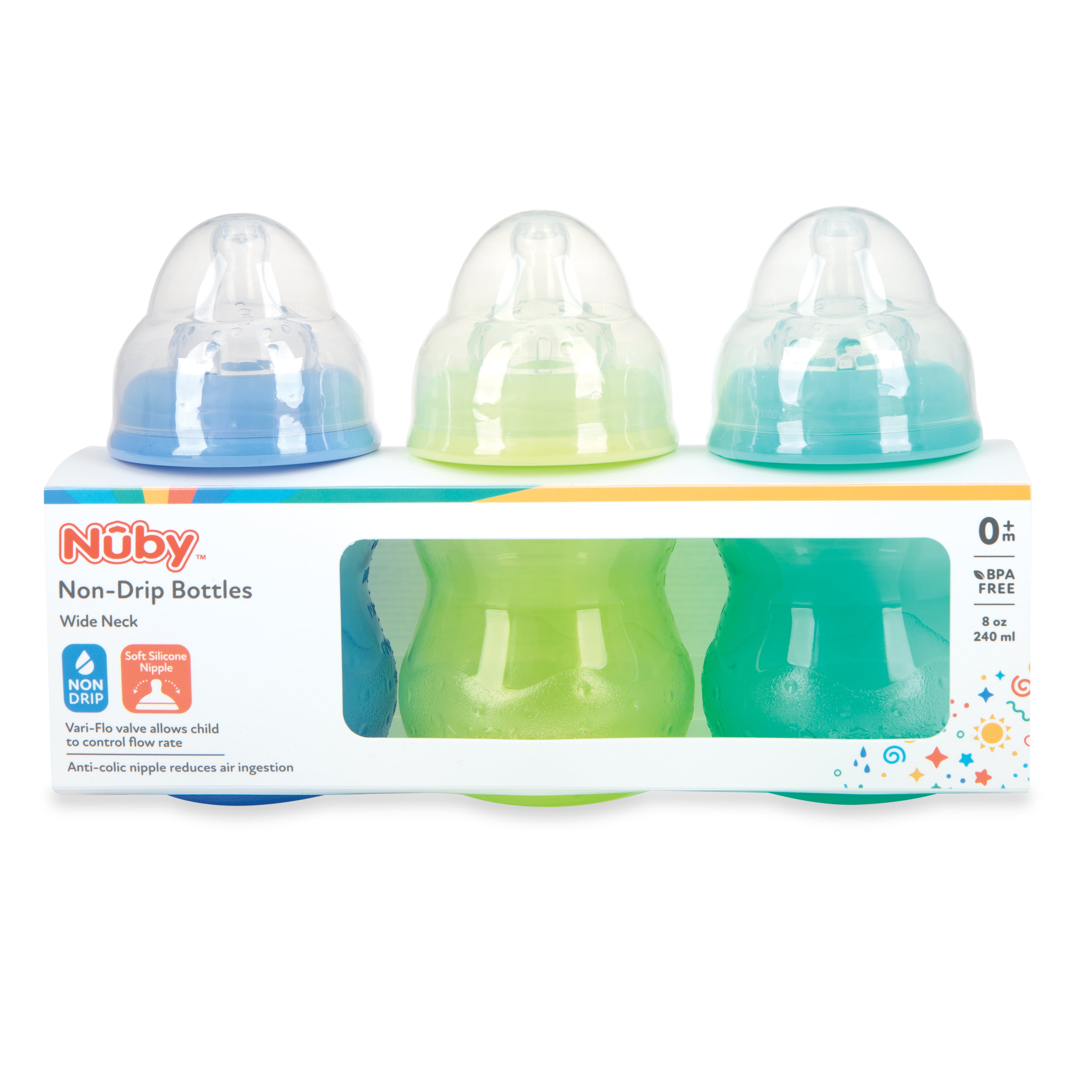 Nuby Non-Drip™ Feeding Nurser, Standard Neck, 8 oz, 3 Pk