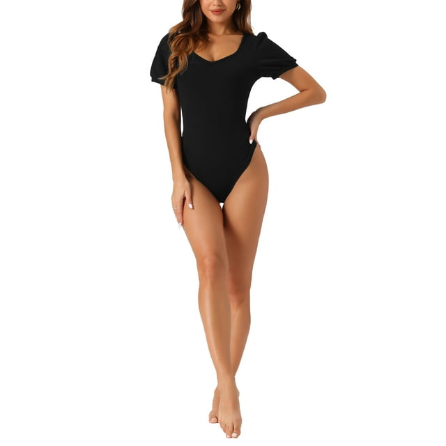 Cuerpo Inspire Chic Top para Mujer de Manga Corta con Escote Corazón Bodysuits XS Negro