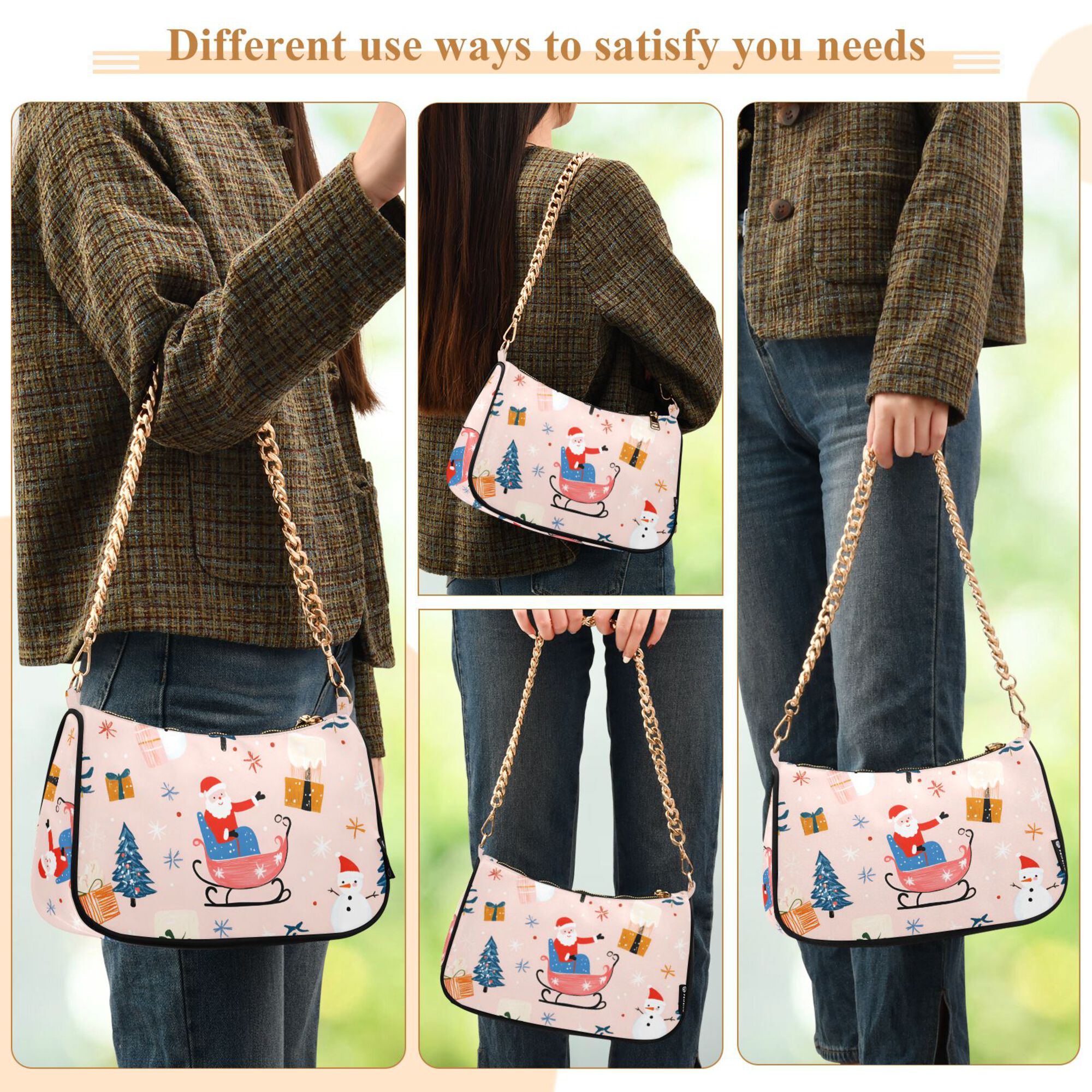 FORMRS Womens Shoulder Bag with Chain Strap Clutch Purse Cute Tote Handbag, Blue Christmas Santa