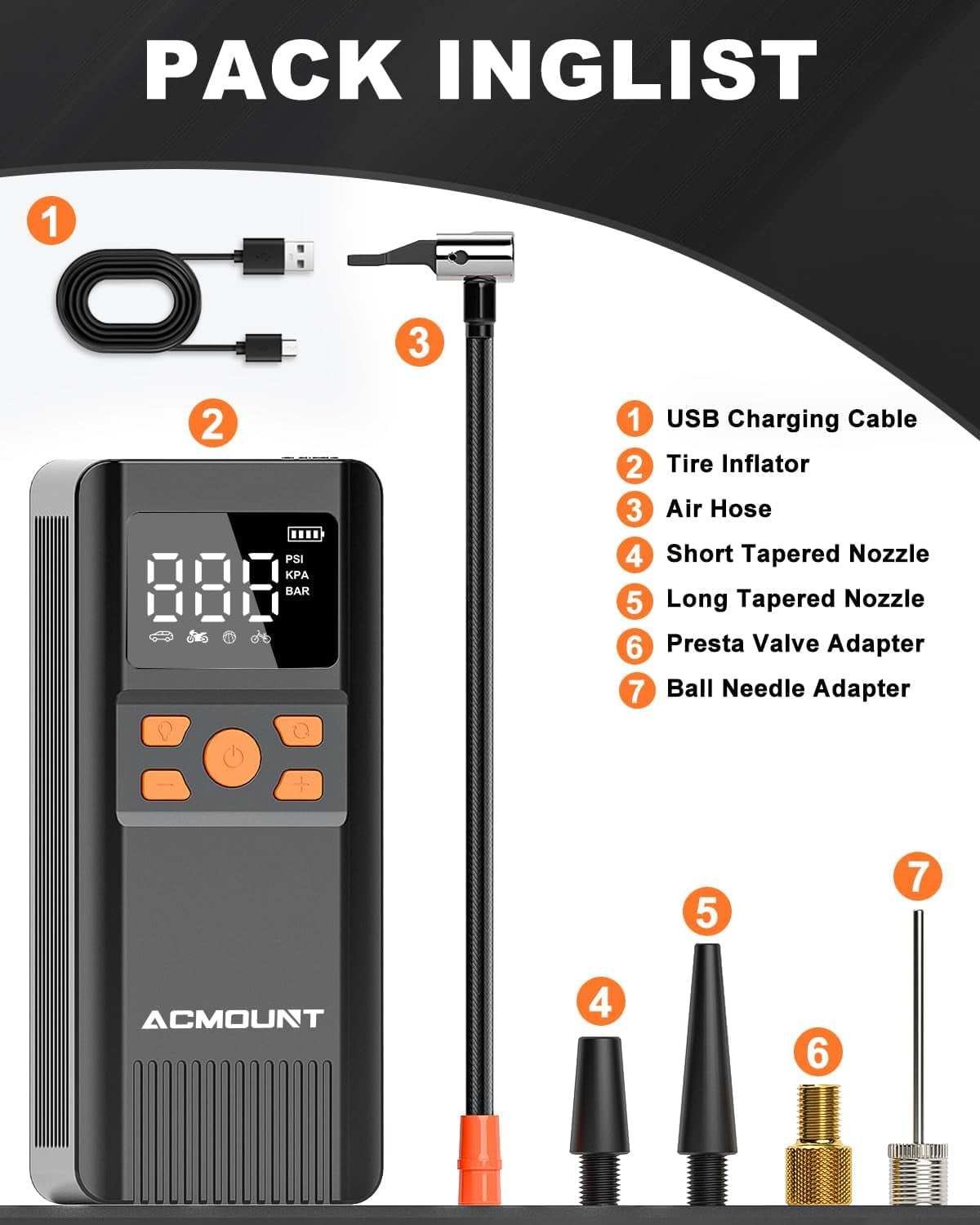 Acmount Cordless Tire Inflator Air Compressor, 150 Psi Bike Pump, Portable Electric Air Pump with Gauge for Car, Motorcycle, Bicycle, Balls