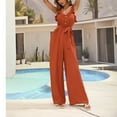 thumbnail image 4 of fartey Jumpsuits for Women Summer Dressy Button Solid Color Waist Tie Rompers Ruffle Trim V Neck Sleeveless Vacation Bodysuits, 4 of 4