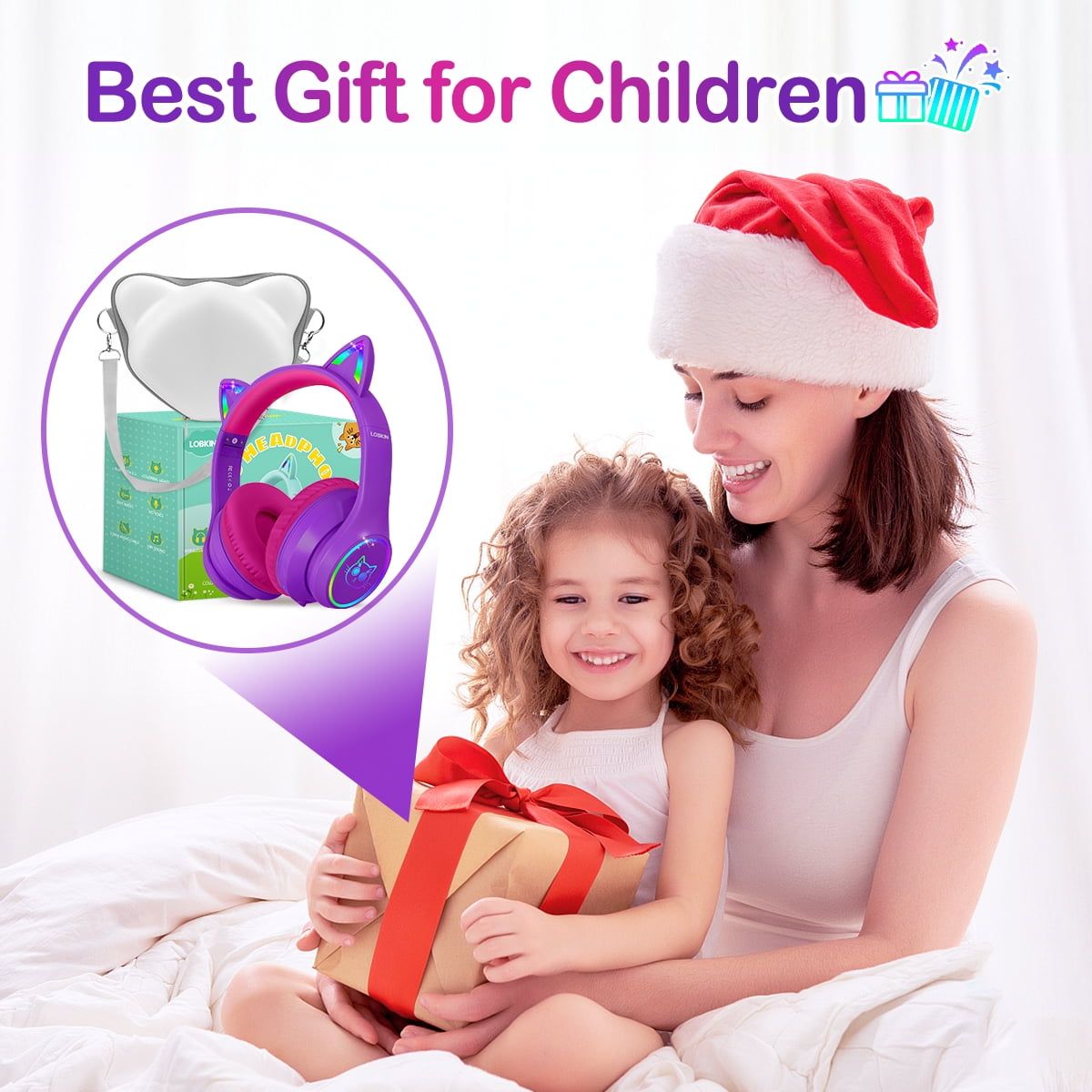 LOBKIN Kids Wireless Headphones, Cat Ear Headphones with LED Lights for Boys/Girls, Childrens Bluetooth Headphones Foldable with Microphone for Phone/Tablet/Laptop (Purple Pink)