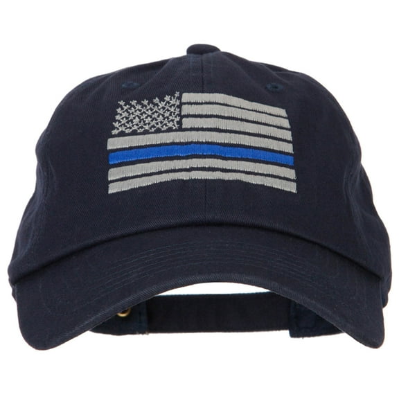 Thin Blue Line American Flag Embroidered Unstructured Cotton Washed Cap - Navy OSFM