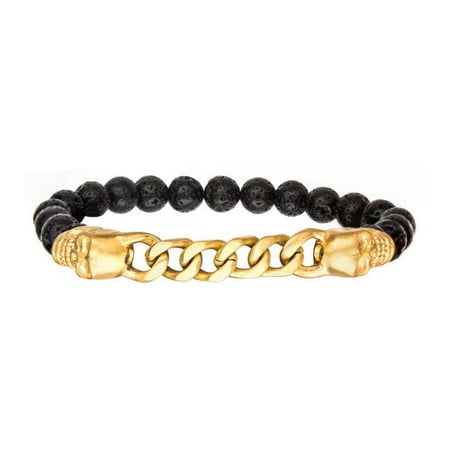 Skull Chain Bracelet - BR3301K Gold IP Skull & Chain with 8 mm Black Lava Beads in Elastic Band Bracelet