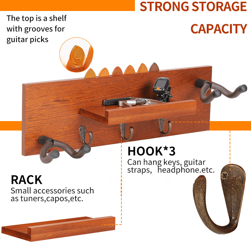 Guitar Wall Mount Hanger with Shelf and Pick Holder Rotatable Rubber Hooks Take 2 Guitars for Acoustic Electric Bass Violin Banjo Mandolin Ukulele
