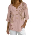 thumbnail image 2 of Ounisa Womens 3/4 Sleeve Blouses V Neck Cotton Linen Print Button Detail Casual Fashion Spring Summer Daily Wear Shirts S-2XL, 2 of 6
