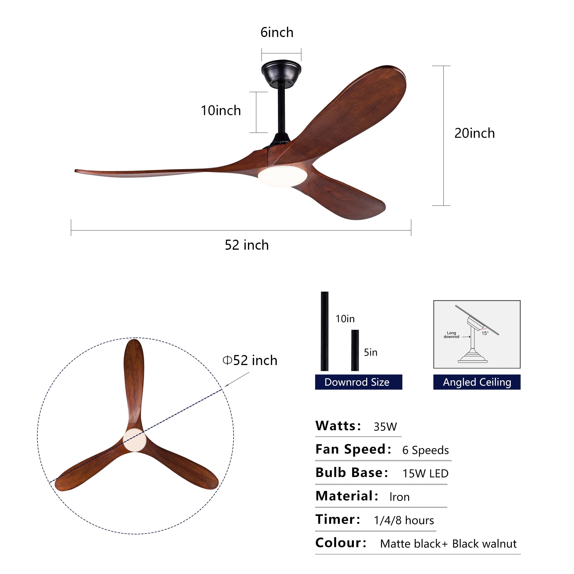 Ceiling Fan 52 Inch with 3 Solid Wood Blades and Light, Remote Control Ceiling Fan and LED Light Fixture with Reversible DC Motor for Bedroom, Black