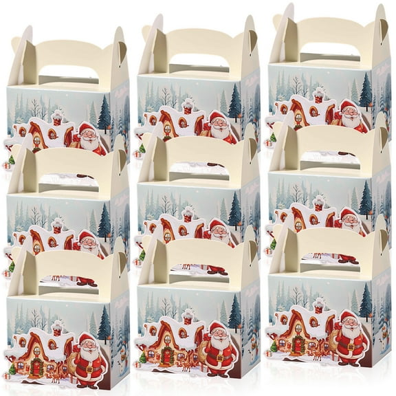 50Pcs Christmas Treat Boxes Xmas Cardboard Present Candy Cookie Boxes with Handles Holiday Party Favor Supplies Beige