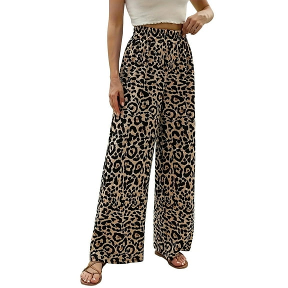 Women's Leopard Print Palazzo Pants - Elastic Waist Wide Leg Casual Trousers with Drawstring | Yubnlvae (Gold | L)